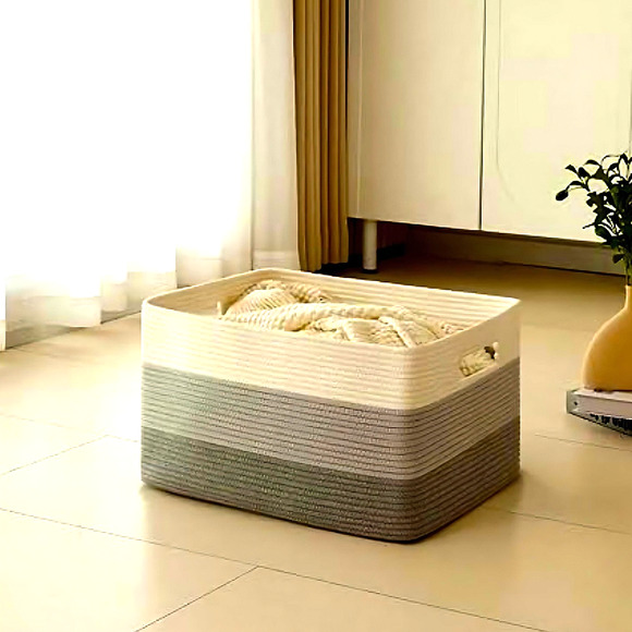 Large Woven Cotton Basket Blanket Toys Handles Gradient Gray 22”x17”x12” - Picture 2 of 8